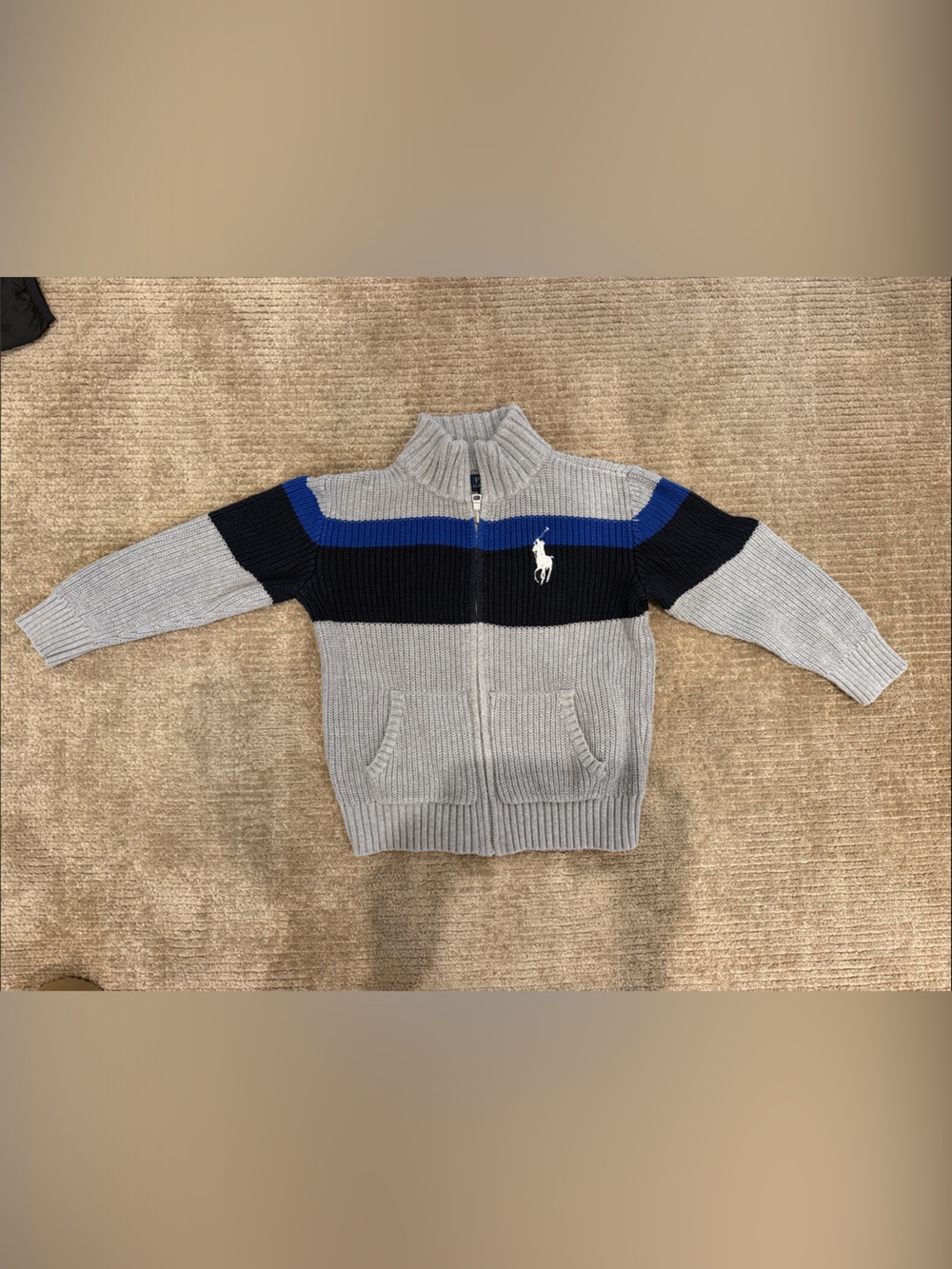 Polo by Ralph Lauren Gray Zip-Up Ribbed Sweater with Black & Blue Stripes